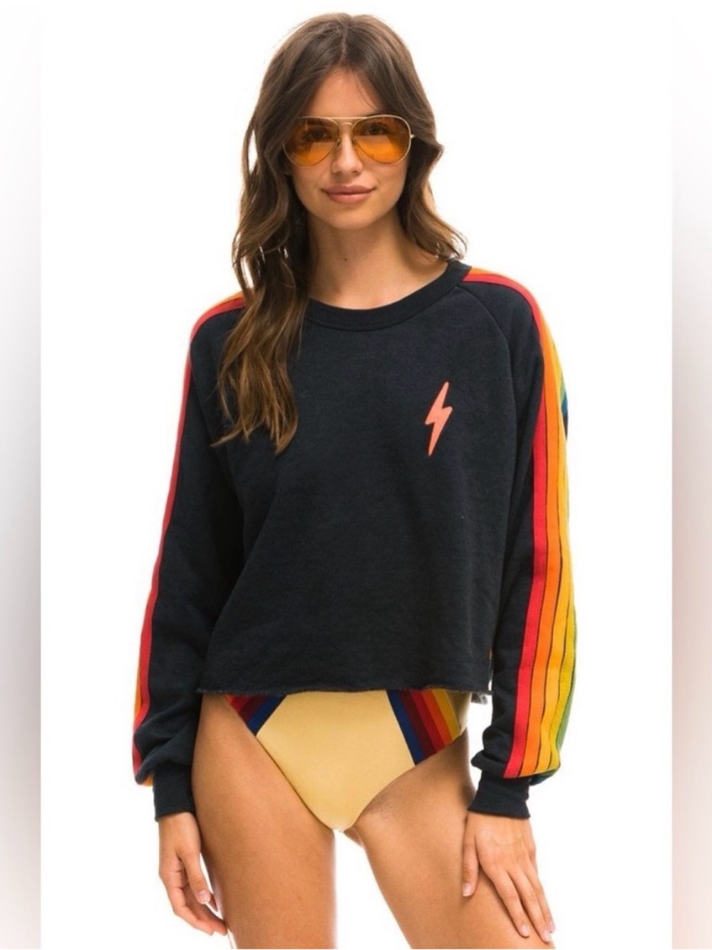 Aviator Nation Bolt Embroidery Charcoal Rainbow Cropped Classic Sweatshirt EUC L